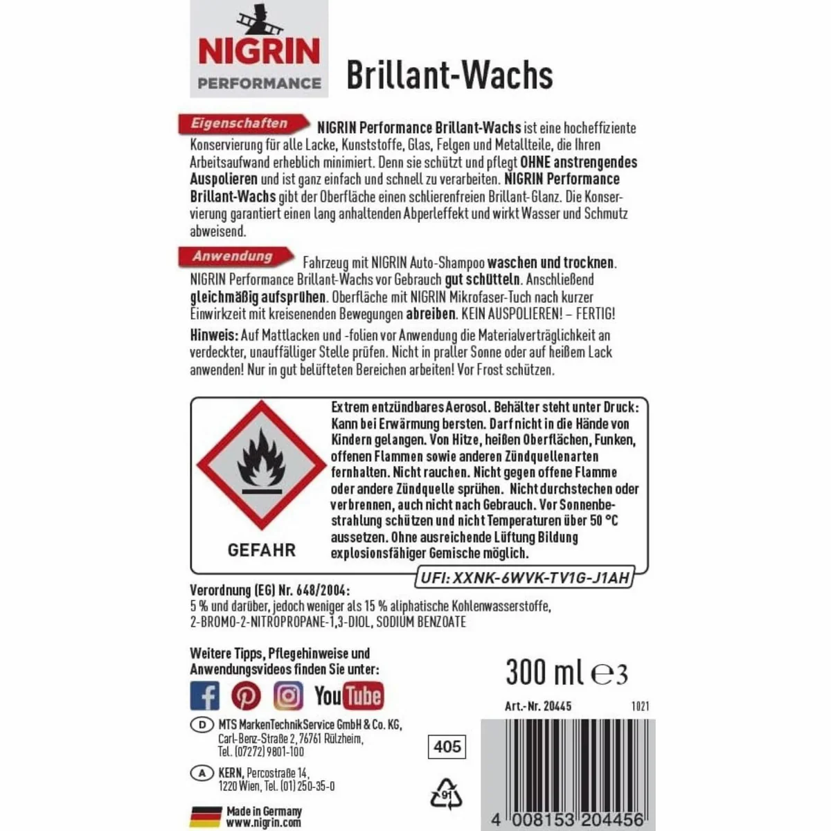 Nigrin Brillant-Wachs Glanz Detailer 300ml, intensive Pflege für Lack und Oberflächen 4