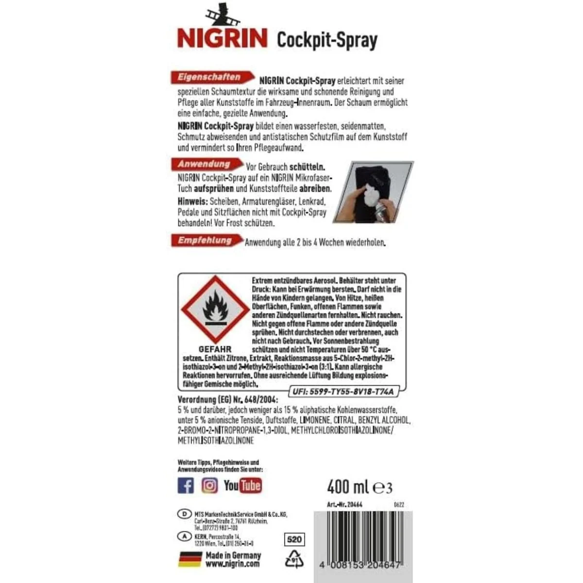 Nigrin Cockpit-Spray 400ml, effektive Kunststoffpflege und Reinigung 5