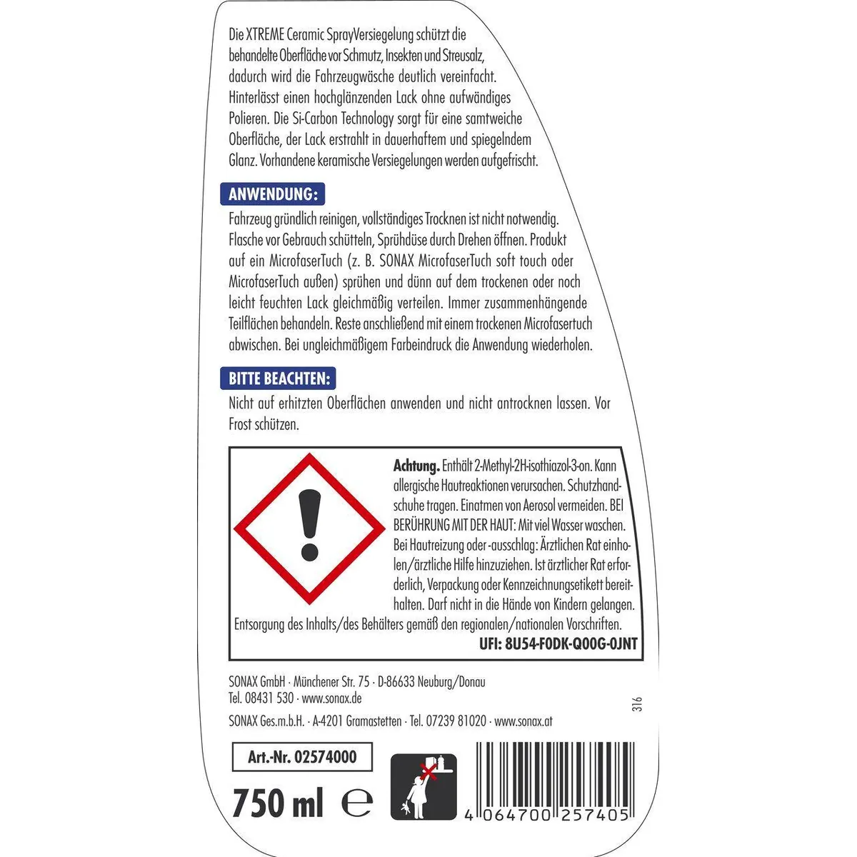Sonax Xtreme Ceramic Spray Versiegelung 750 ml, hochglänzender Schutz, Si-Carbon-Technologie 5