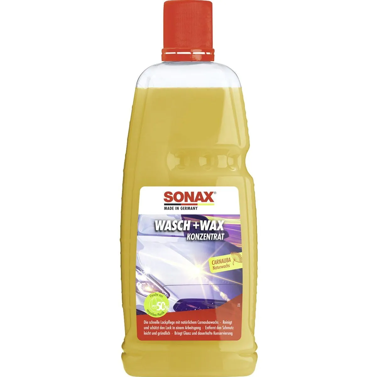 Sonax Auto Lackpflege Wasch+Wax Konzentrat 1 L, gründliche Reinigung, Schutzfilm, Carnauba-Wachs