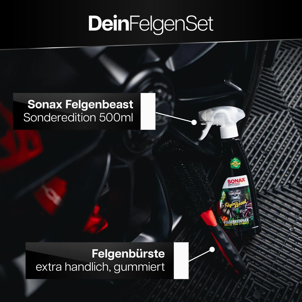 Sonax FelgenBeast 500 ml Set, effektiver Felgenreiniger mit Felgenbürste 2