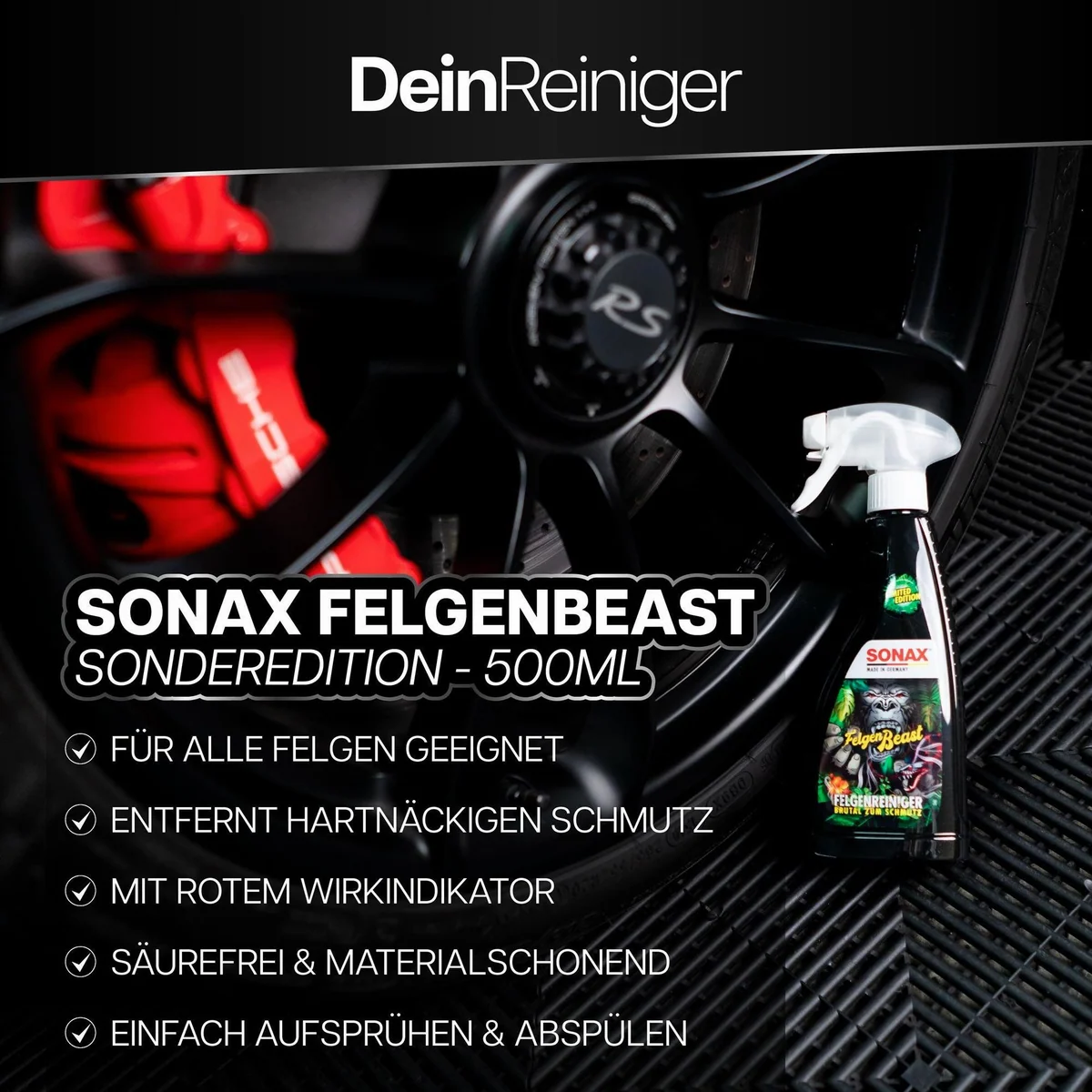 Sonax FelgenBeast 500 ml Set, effektiver Felgenreiniger mit Felgenbürste 3